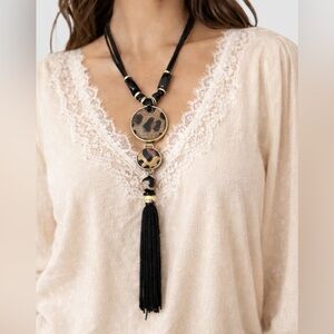 Chico’s Leopard Pendant Tassel Necklace Boho Statement Jewelry